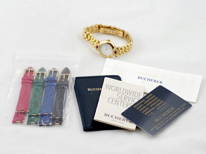 希少品 電池交換済 BUCHERER ブッフェラー PARADISO パラディソ 金無垢 チェンジベルト 純正ダイヤモンド ルビー 8Pダイヤ ホワイト 白 文字盤 K18YG イエローゴールド レディース クォーツ ブッヘラー【6ヶ月保証】【腕時計】【中古】