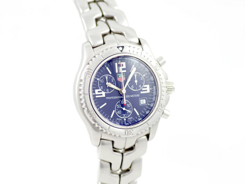 電池交換済 TAG Heuer タグホイヤー リンク クロノグラフ CT1110 デイト 200m防水 青 ネイビー ブルー 文字盤 SS ステンレス メンズ クォーツ【6ヶ月保証】【腕時計】【中古】