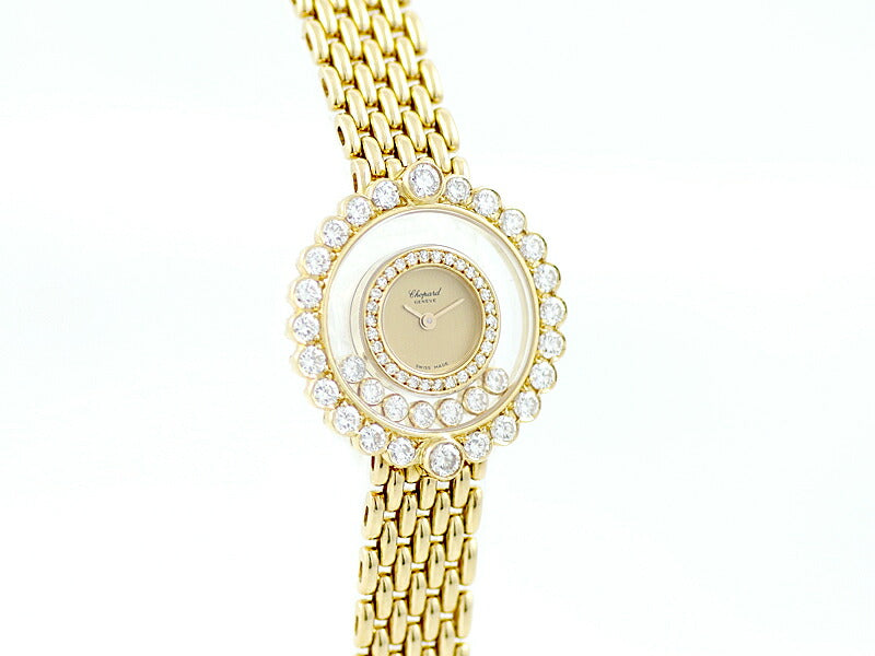 Chopard ショパール ハッピーダイヤモンド 4097 純正ラージダイヤベゼル 7Pダイヤ 2重ベゼルダイヤ ゴールド 文字盤 K18YG イエローゴールド 金無垢 レディース クォーツ 4066【6ヶ月保証】【腕時計】【中古】