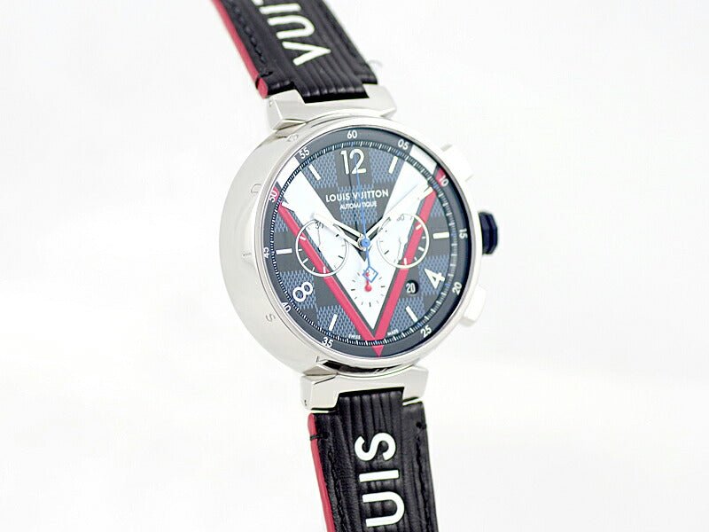 メーカーメンテ済 LOUIS VUITTON ルイヴィトン タンブール クロノグラフ ダミエ コバルトV QA076 デイト 100防水 ホワイト レッド ブルー 文字盤 SS ステンレス 純正ベルト 純正尾錠 メンズ 自動巻き 裏スケ【6ヶ月保証】【腕時計】【中古】
