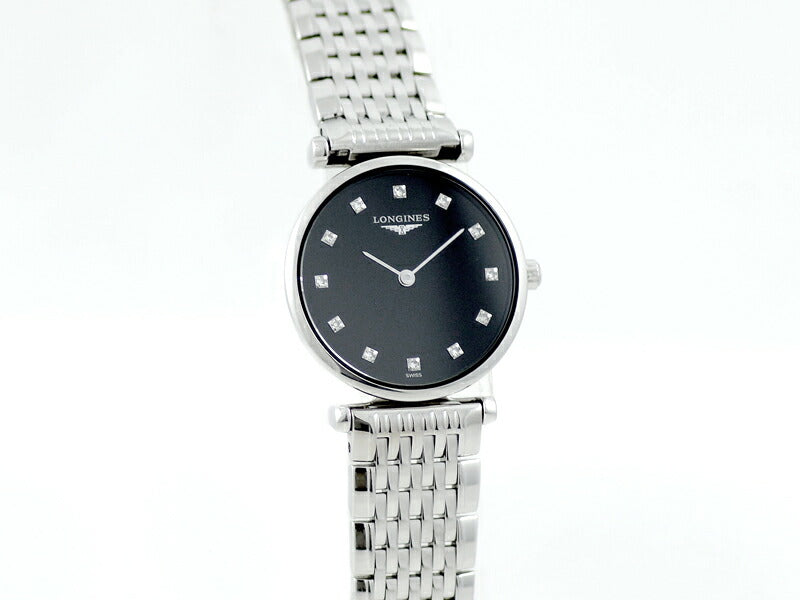 電池交換済 LONGINES ロンジン ラ グラン クラシック L4.209.4 12Pダイヤモンド 黒 ブラック 文字盤 SS ステンレス レディース クォーツ グランド【6ヶ月保証】【腕時計】【中古】
