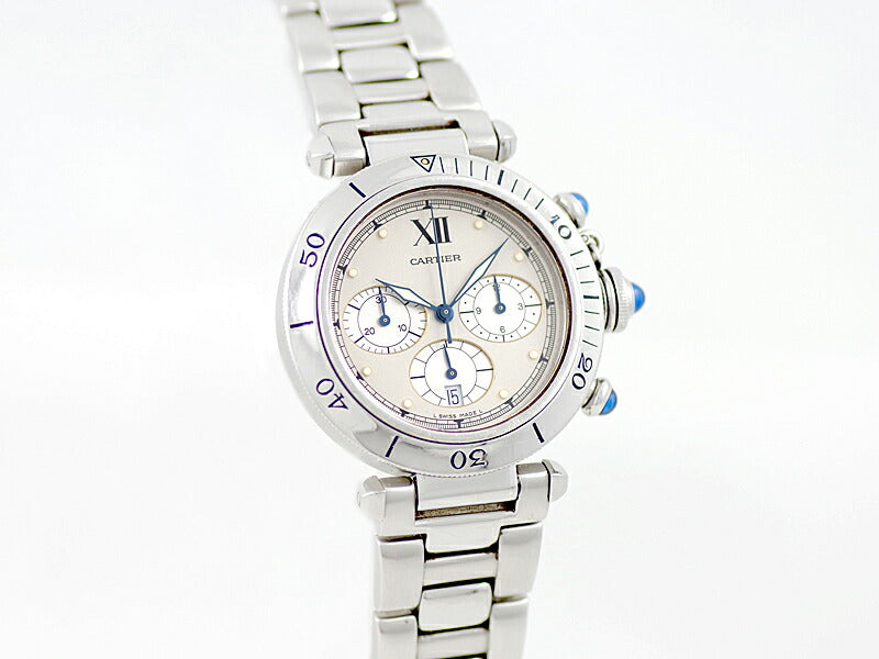 電池交換済 Cartier カルティエ パシャ 38 クロノグラフ 猫目 W31018H8 デイト シルバー 文字盤 SS ステンレス 純正ベルト メンズ クォーツ【6ヶ月保証】【腕時計】【中古】