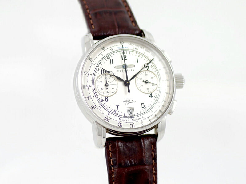 電池交換済 ZEPPELIN ツェッペリン 7674-1 100周年記念モデル クロノグラフ デイト 50m防水 ブルー シルバー SS ステンレス 純正ベルト メンズ クォーツ【6ヶ月保証】【腕時計】【中古】