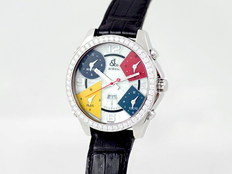 電池交換済 JACOB&Co. ジェイコブ ファイブタイムゾーン 47mm ダイヤベゼル マルチカラー SS ステンレス 純正ベルト メンズ クォーツ 5タイム【6ヶ月保証】【腕時計】【中古】