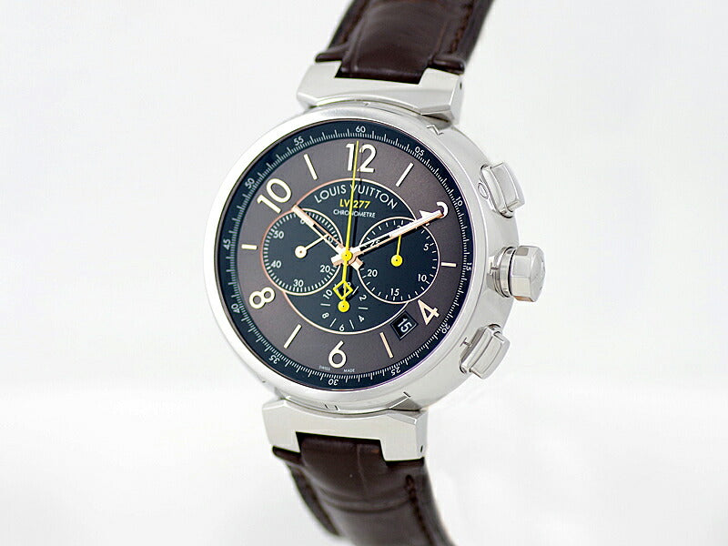 LOUIS VUITTON ルイヴィトン タンブール エルプリメロ クロノグラフ LV277 Q114A デイト 茶 ブラウン SS ステンレス 純正アリゲーターベルト 純正Dバックル尾錠 メンズ 自動巻き Q1141【6ヶ月保証】【腕時計】【中古】