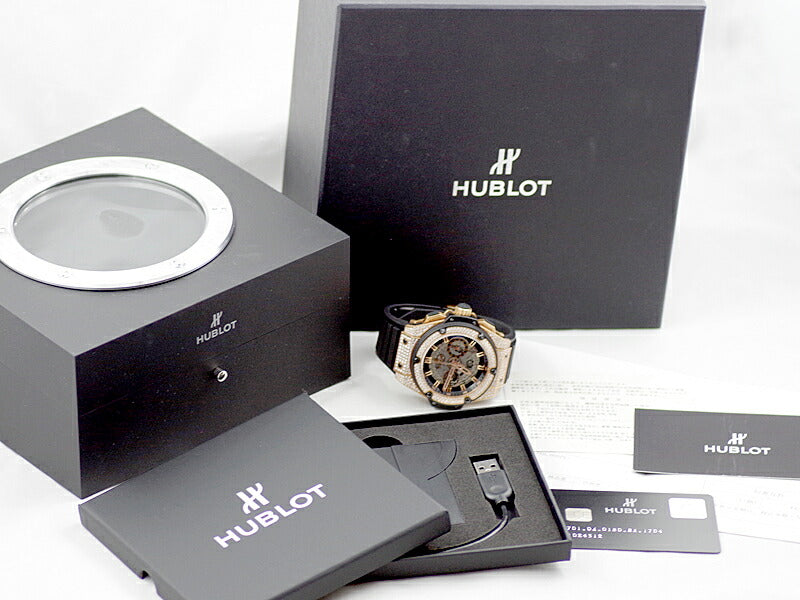 HUBLOT ウブロ キングパワー ウニコ キングゴールド パヴェダイヤ 701.OX.0180.RX.1704 クロノグラフ デイト ブラック 黒 スケルトン K18PG ピンクゴールド 金無垢 純正フルダイヤ 純正ベルト 純正尾錠 メンズ 自動巻き ビッグバン【6ヶ月保証】【腕時計】【中古】