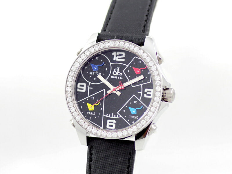 電池交換済 JACOB&Co. ジェイコブ ファイブタイムゾーン 40mm ダイヤベゼル 黒 ブラックラメ SS ステンレス 純正ベルト レディース ボーイズ メンズ 男女兼用 クォーツ 5タイム【6ヶ月保証】【腕時計】【中古】