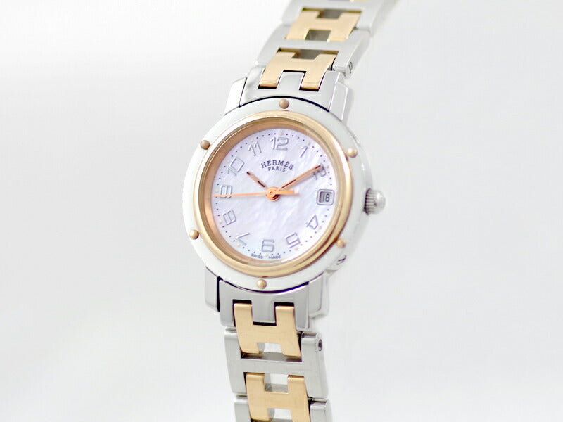 電池交換済 HERMES エルメス クリッパー CL4.221 ピンクゴールド ピンクシェル デイト PGP ピンクゴールド SS ステンレス コンビ レディース クォーツ【6ヶ月保証】【腕時計】【中古】