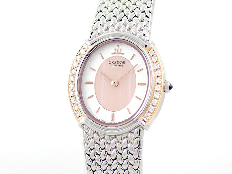 電池交換済 SEIKO セイコー クレドール シグノ ダイヤベゼル オーバル 5A70-3000 GSWE986 白 ホワイト サードニクス K18PG ピンクゴールド SS ステンレス コンビ レディース クォーツ ダイヤモンド【6ヶ月保証】【腕時計】【中古】