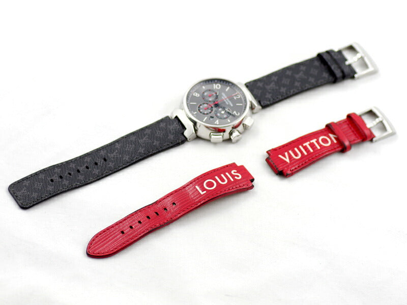 LOUIS VUITTON ルイヴィトン タンブール クロノグラフ 44mm QA025 デイト 100防水 グレー SS ステンレス 純正ベルト 純正尾錠 メンズ 自動巻き【6ヶ月保証】【腕時計】【中古】