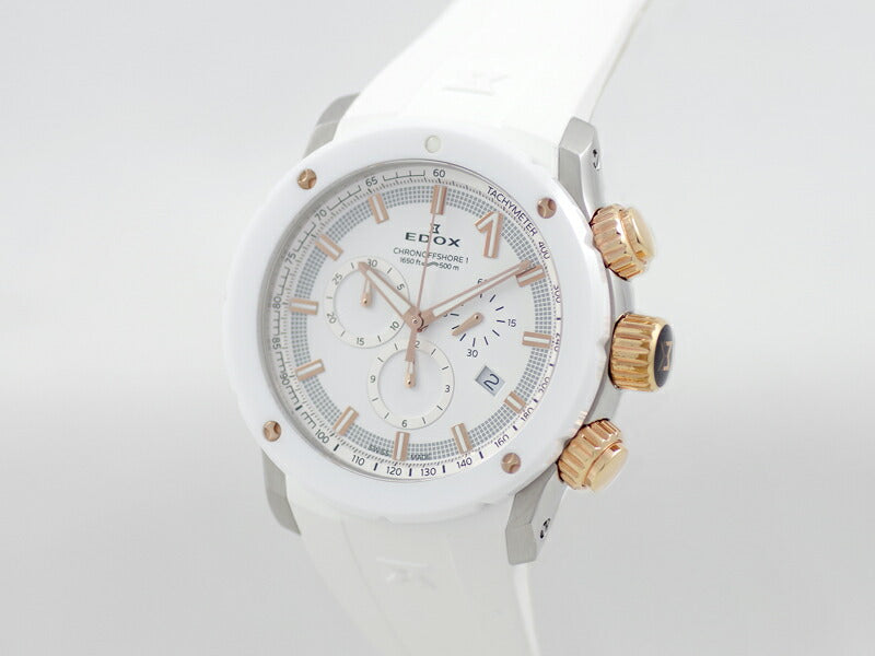 電池交換済 EDOX エドックス クロノオフショア1 10221-357RB3-BIR3 クロノグラフ 白 ホワイト イエローゴールド コンビ SS ステンレス セラミック 純正ベルト 純正尾錠 メンズ クォーツ【6ヶ月保証】【腕時計】【中古】