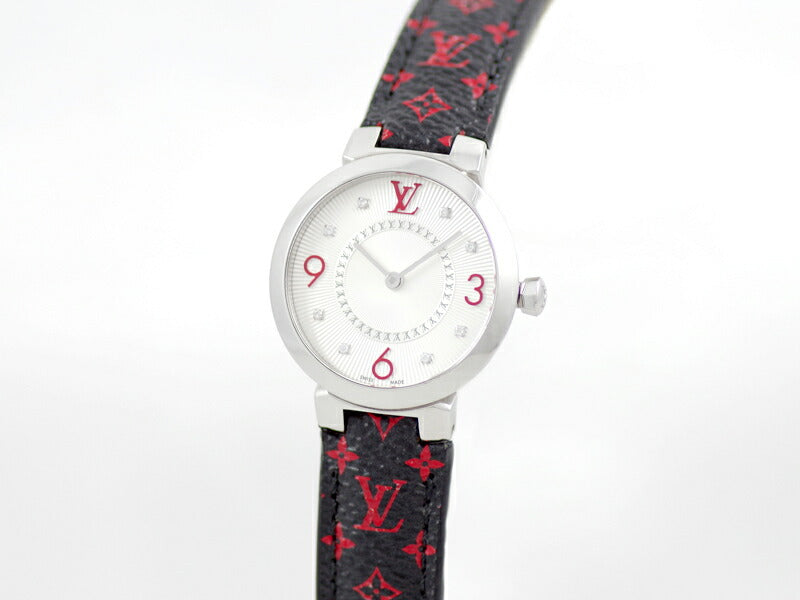 Battery replacement Louis Vuitton Louis Vuitton Tambul Slim Q12MGA Silver 8P Diamond Red Red SS Stainless Steel Genuine Belt Genuine Buckle Ladies Quartz