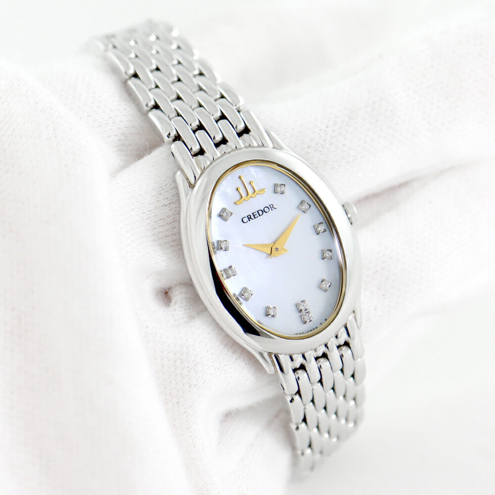 電池交換済 SEIKO セイコー クレドール オーバル 12Pダイヤモンド 1E70-0BH0 ホワイトシェル SS ステンレス レディース クォーツ【6ヶ月保証】【腕時計】【中古】