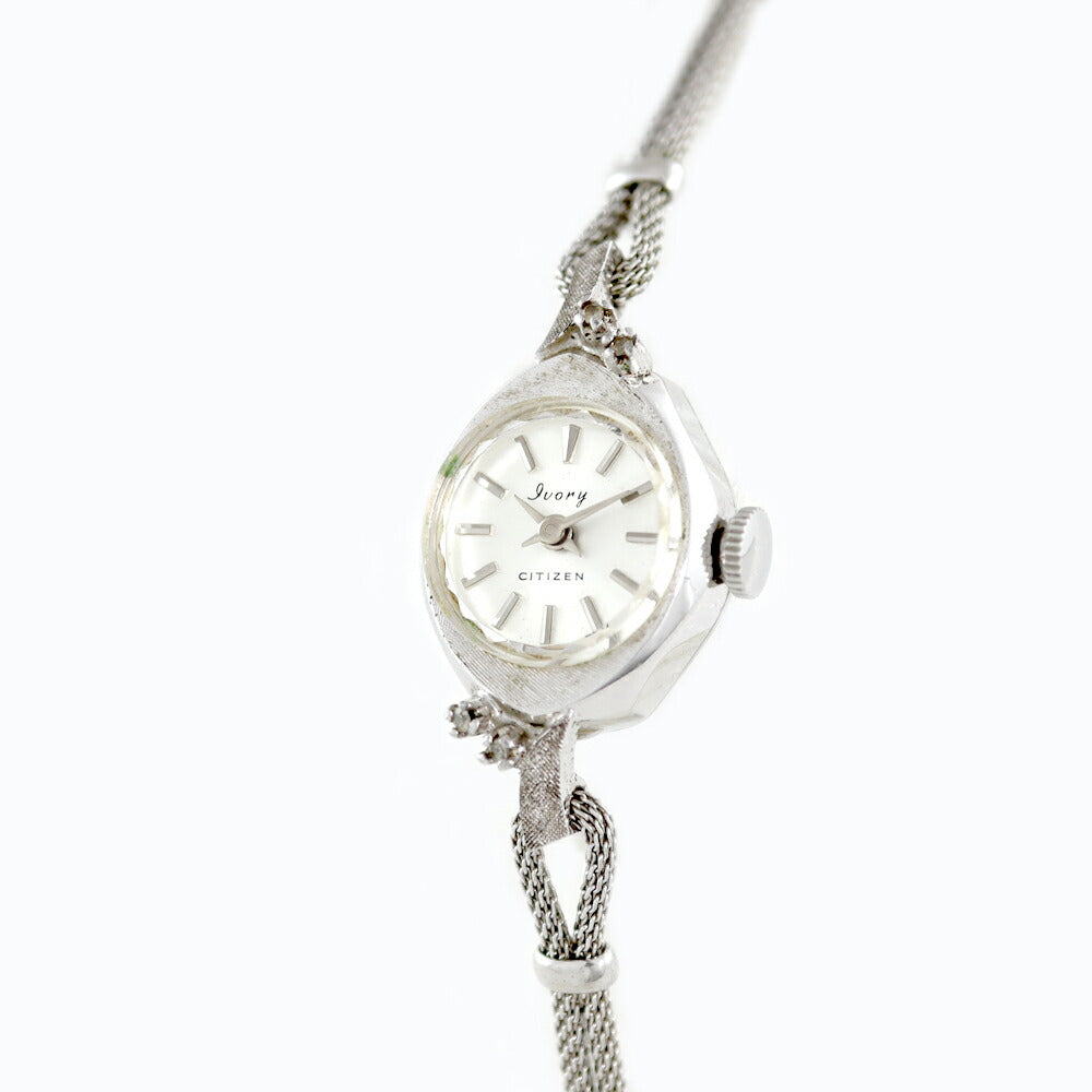 CITIZEN シチズン アイボリー カットガラス 4P クリアストーン シルバー SS ステンレス レディース 手巻き アンティーク ヴィンテージ【6ヶ月保証】【腕時計】【中古】