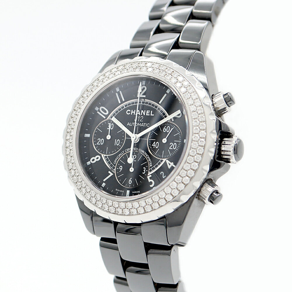 内部点検済 CHANEL シャネル J12 41mm クロノグラフ H1009 デイト 純正ダイヤモンド 2重ダイヤベゼル 200m防水 黒 ブラック セラミック SS メンズ 自動巻き 【6ヶ月保証】【腕時計】【中古】