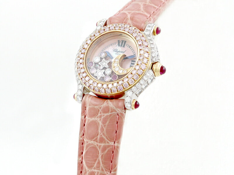 電池交換済 Chopard ショパール ハッピースポーツ 27/6244 ピンクダイヤ ムービング5Pダイヤ 2Pルビー スター&ムーン追加 ピンクシェル K18PG ピンクゴールド K18WG ホワイトゴールド コンビ レディース クォーツ【6ヶ月保証】【腕時計】【中古】