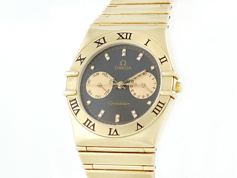 電池交換済 OMEGA オメガ コンステレーション デイデイト K18YG 金無垢 イエローゴールド 黒 ブラック 16Pダイヤ ダイヤモンド メンズ ボーイズ クォーツ【6ヶ月保証】【腕時計】【中古】