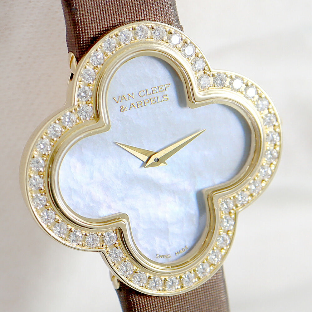 電池交換済 VanCleef&Arppels ヴァンクリーフ&アーペル アルハンブラ ミディアム 30mm 136374 ARF52800 純正ダイヤモンド ベゼルダイヤ K18YG イエローゴールド 金無垢 ホワイトシェル 純正ベルト 純正K18YG尾錠 レディース クォーツ【6ヶ月保証】【腕時計】【中古】