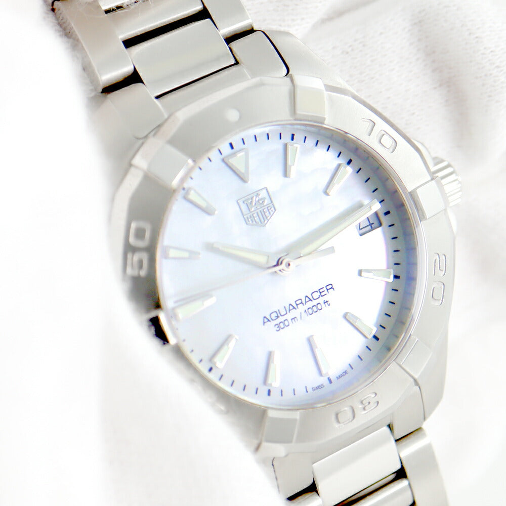 電池交換済 TAG Heuer タグホイヤー アクアレーサー WAY1312 デイト 300m防水 ホワイトシェル SS ステンレス レディース クォーツ【6ヶ月保証】【腕時計】【中古】