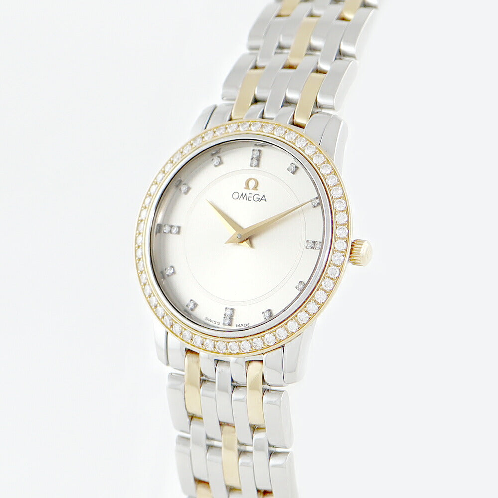 電池交換済 OMEGA オメガ DeVille デビル プレステージ 28mm 4385.35 ダイヤベゼル 16Pダイヤモンド 純正ダイヤモンド シルバー SS ステンレス YG イエローゴールド ホワイト 白 レディース クォーツ デヴィル【6ヶ月保証】【腕時計】【中古】