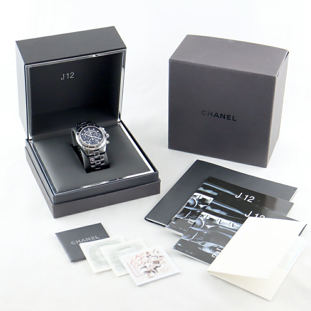 内部点検済 CHANEL シャネル J12 41mm H2419 クロノグラフ 9Pダイヤモンド 純正ダイヤ 黒 ブラック SS ステンレス セラミック メンズ 自動巻き【6ヶ月保証】【腕時計】【中古】