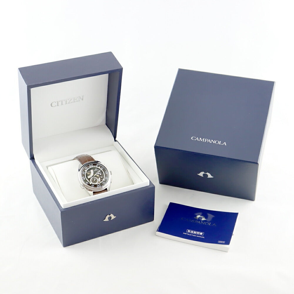 電池交換済 CITIZEN シチズン CAMPANOLA カンパノラ 6765 T013236TA パーペチュアルカレンダー ミニッツリピーター クロノグラフ 茶 ブラウン SS ステンレス 純正ベルト 純正尾錠 メンズ クォーツ【6ヶ月保証】【腕時計】【中古】