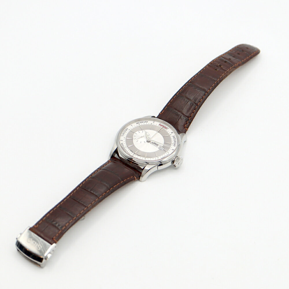 ORIS オリス アートリエ ビッグクラウン 7596 スモールセコンド ポインターデイト デイデイト 裏スケ シルバー SS ステンレス 純正ベルト 純正尾錠 メンズ 自動巻き【6ヶ月保証】【腕時計】【中古】