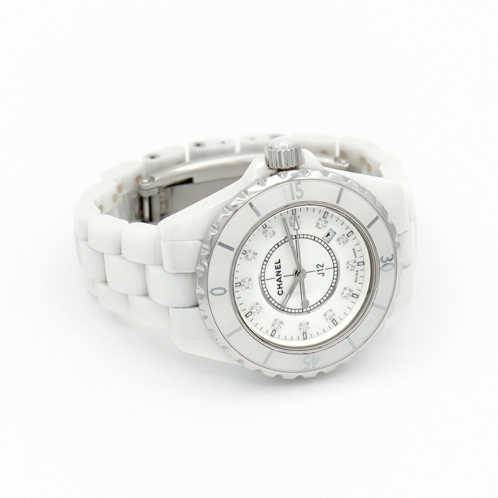 電池交換済 CHANEL シャネル J12 33mm H1628 純正12Pダイヤモンド 白 ホワイト セラミック SS ステンレス レディース クォーツ【6ヶ月保証】【腕時計】【中古】