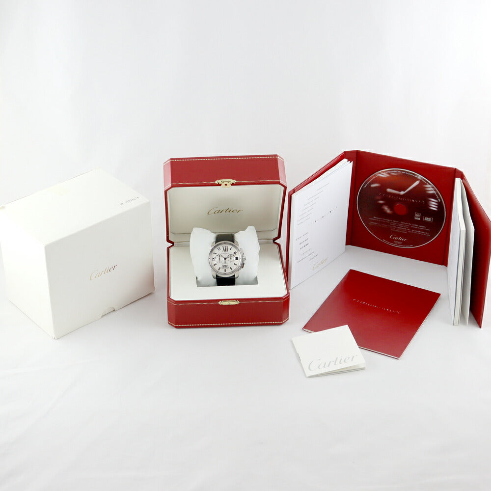 内部点検済 Cartier カルティエ カリブル ドゥ クロノグラフ W7100046 100m防水 裏スケ シルバー SS ステンレス 純正革ベルト 純正尾錠 メンズ 自動巻き【6ヶ月保証】【腕時計】【中古】