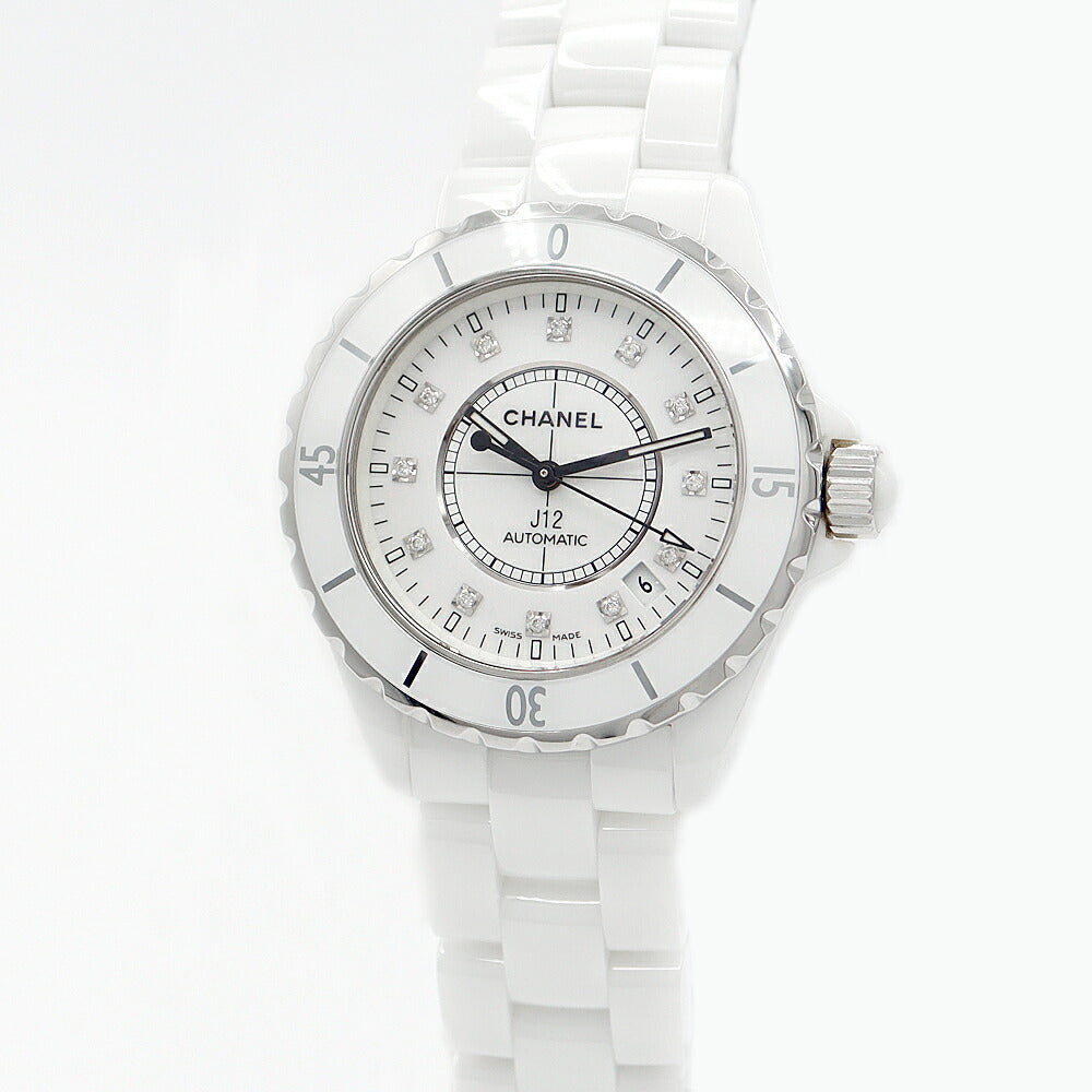 CHANEL シャネル J12 38mm H1629 純正12Pダイヤ デイト 白 ホワイト セラミック SS ステンレス メンズ 自動巻き 純正ダイヤモンド【6ヶ月保証】【腕時計】【中古】