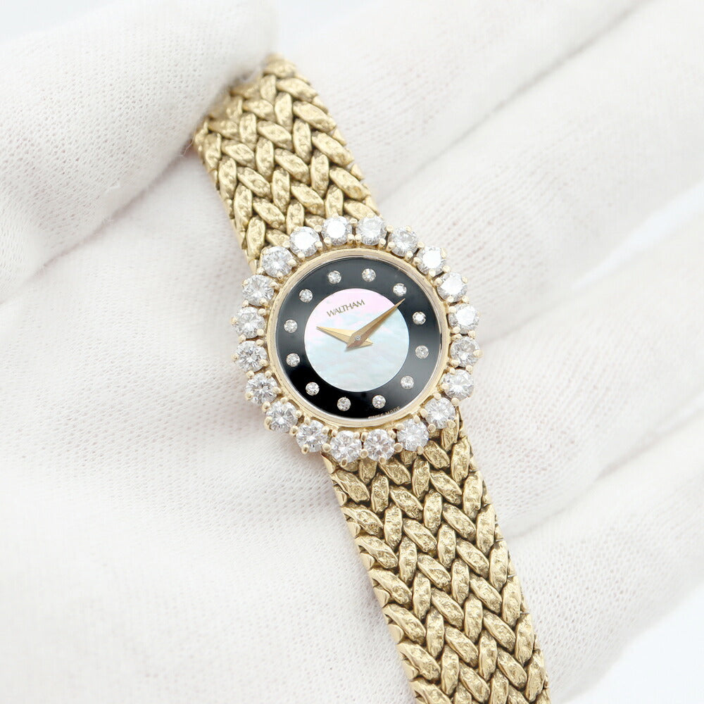 Battery replacement Waltham Waltham Waltham Large Diamond 12P diamond 95190.52 K18YG Yellow Gold Golden Golden Diamond Diamond Besel Black Black White Shell Ladies Quartz