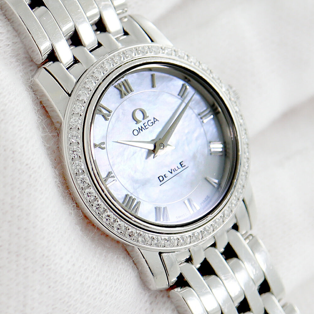 電池交換済 OMEGA オメガ DeVille デビル プレステージ 4575.71 純正ダイヤモンド ダイヤベゼル ローマンインデックス 白 ホワイトシェル SS ステンレス レディース クォーツ デヴィル【6ヶ月保証】【腕時計】【中古】