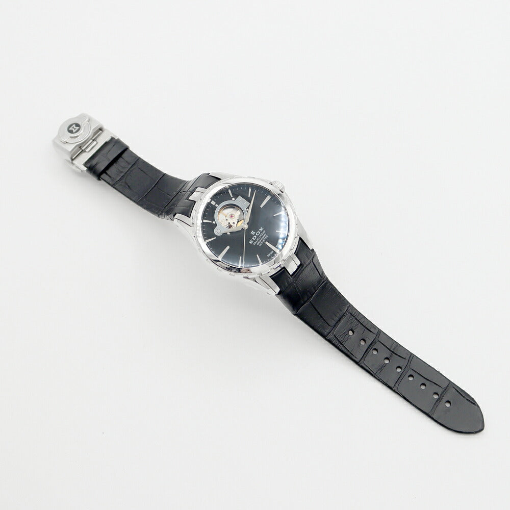 内部点検済 EDOX エドックス グランドオーシャン オープンハート 85008-3-NIN 100m防水 スケルトン ブラック SS ステンレス 純正ベルト 純正尾錠 メンズ 自動巻き 【6ヶ月保証】【腕時計】【中古】