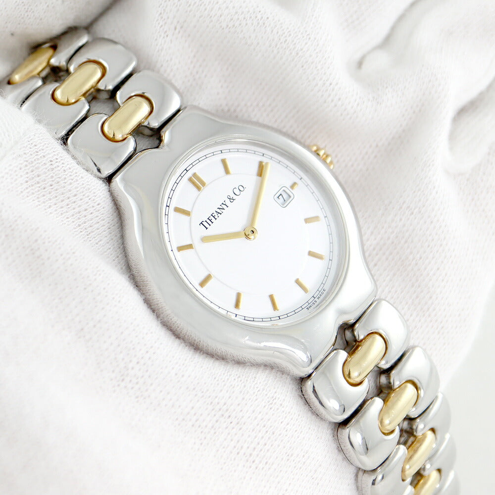 電池交換済 TIFFANY&Co. ティファニー ティソロ M0112 デイト 白 ホワイト SS ステンレス YG イエローゴールド コンビ レディース クォーツ【6ヶ月保証】【腕時計】【中古】