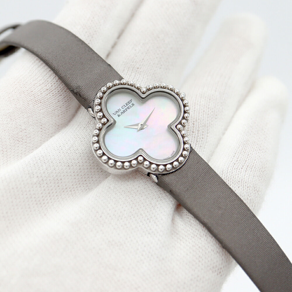 電池交換済 VanCleef&Arppels ヴァンクリーフ&アーペル アルハンブラ スモール VCARD21600 白 ホワイト シェル K18WG ホワイトゴールド 金無垢 純正ベルト 純正尾錠 レディース クォーツ【6ヶ月保証】【腕時計】【中古】