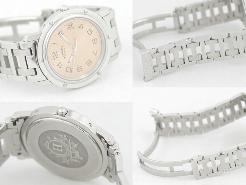 電池交換済 HERMES エルメス クリッパー CL6.710 ピンク 文字盤 デイト SS ステンレス メンズ ボーイズ クォーツ 36mm ビッグフェイス【腕時計】【中古】