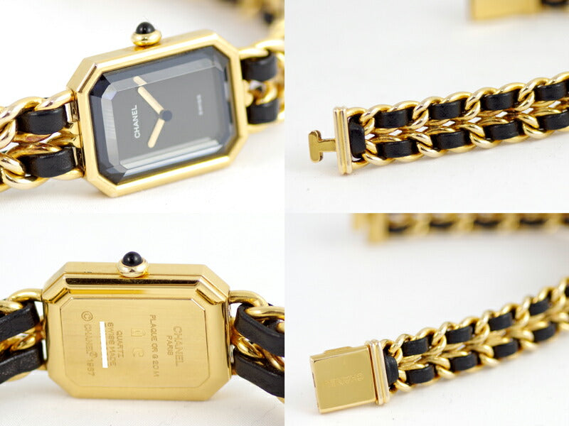 電池交換済み CHANEL シャネル プルミエール XLサイズ H0001 ゴールド 黒 ブラック 文字盤 YGP イエローゴールド レディース クォーツ【6ヶ月保証】【腕時計】【中古】