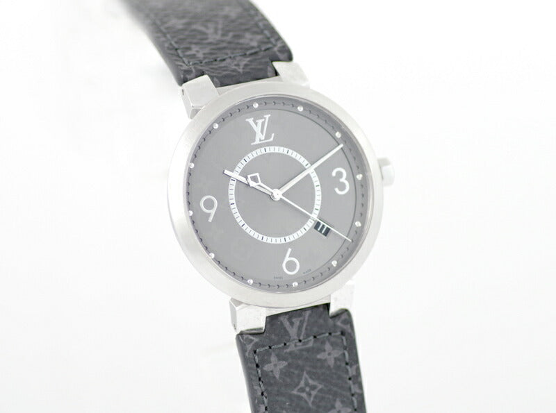 電池交換済 LOUIS VUITTON ルイヴィトン タンブール スリム エクリプス ホログラム Q1DM0 50m防水 モノグラム グレー 文字盤 SS ステンレス 純正ベルト 純正尾錠 メンズ クォーツ【腕時計】【中古】