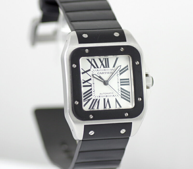 内部点検済 Cartier カルティエ サントス100 LM W20121U2 黒 ブラック シルバー 文字盤 SS ステンレス 純正ラバーベルト 純正尾錠 メンズ 自動巻き【6ヶ月保証】【腕時計】【中古】