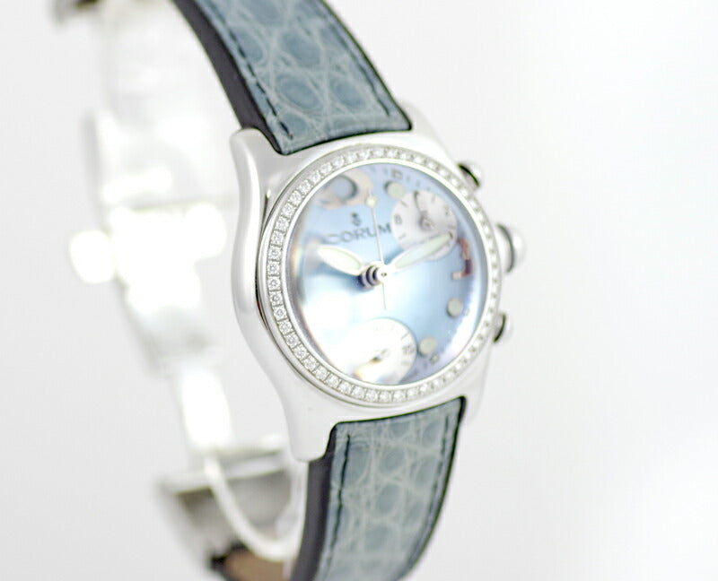 電池交換済 CORUM コルム バブル クロノグラフ 純正ダイヤモンドベゼル 196.151.47 デイト ブルーシェル 文字盤 SS ステンレス レディース クォーツ【6ヶ月保証】【腕時計】【中古】