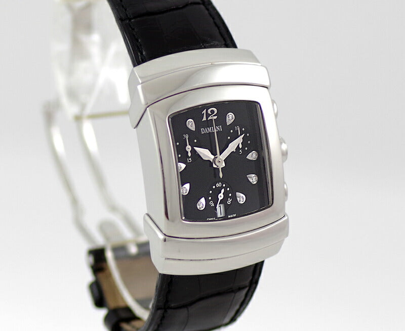 電池交換済 DAMIANI ダミアーニ エゴクロノグラフ DU002 8Pダイヤモンド 黒 ブラック 文字盤 SS ステンレス 純正クロコベルト 純正尾錠 ボーイズ メンズ クォーツ【6ヶ月保証】【腕時計】【中古】