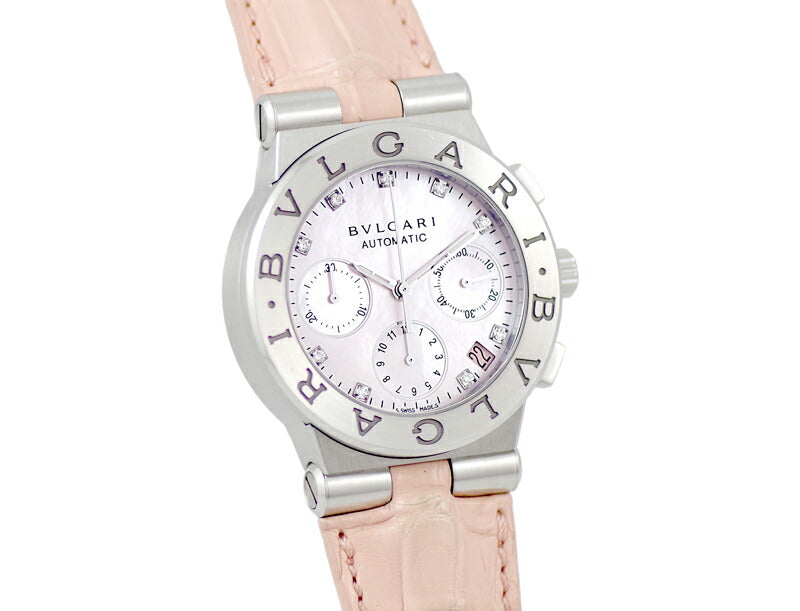 BVLGARI ブルガリ ディアゴノ クロノグラフ DG35SCH 純正9Pダイヤモンド ピンクシェル 文字盤 SS ステンレス 純正ベルト 純正Dバックル尾錠 メンズ レディース ユニセックス 自動巻き【6ヶ月保証】【腕時計】【中古】