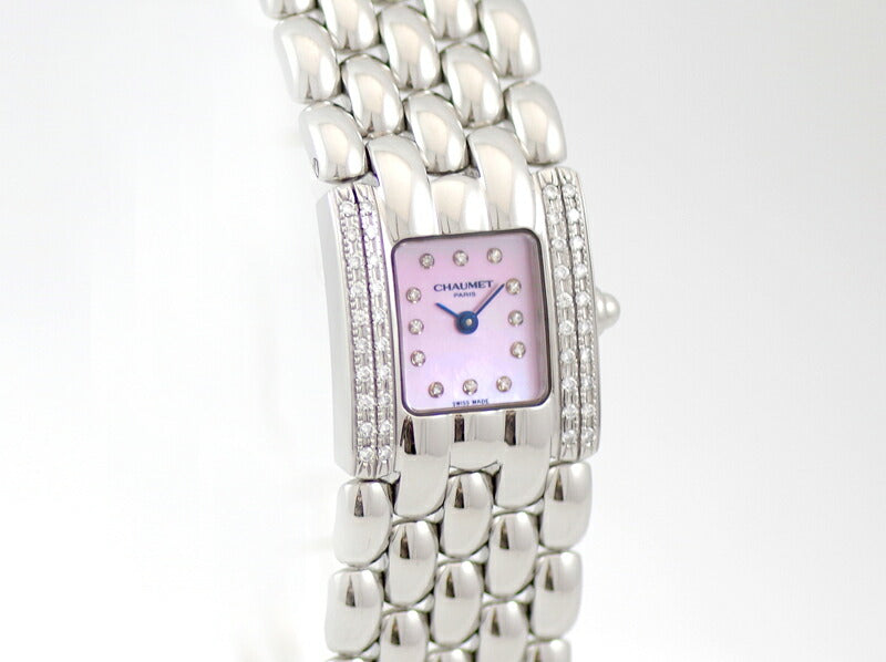 電池交換済 CHAUMET ショーメ ケイシス 2重ダイヤモンドベゼル 12Pダイヤモンド ピンクシェル 文字盤 SS ステンレス バングルウォッチ レディース クォーツ【6ヶ月保証】【腕時計】【中古】