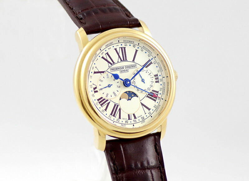 電池交換済 FREDERIQUE CONSTANT フレデリックコンスタント パスエイション トリプルカレンダー ムーンフェイズ デイデイト FC270X4P4 白 ホワイト 文字盤 SS ステンレス YGP イエローゴールド 純正ベルト 純正尾錠 メンズ クォーツ【6ヶ月保証】【腕時計】【中古】