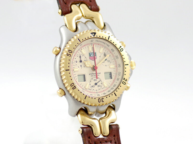 電池交換済 TAG Heuer タグホイヤー セナモデル S/el セルシリーズ CG1123-0 クロノグラフ 200m防水 白 アイボリー 文字盤 SS ステンレス YGP コンビ 純正レザーベルト 純正尾錠 メンズ クォーツ【6ヶ月保証】【腕時計】【中古】