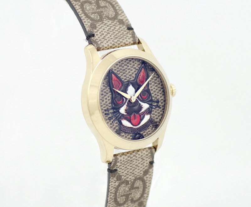 電池交換済み GUCCI グッチ Gタイムレス ボスコ&オルソ 126.4 YA1264057 YG イエローゴールド 犬 DOG ボストンテリア パグ ブルドッグ メンズ レディース 男女兼用【6ヶ月保証】【腕時計】【中古】
