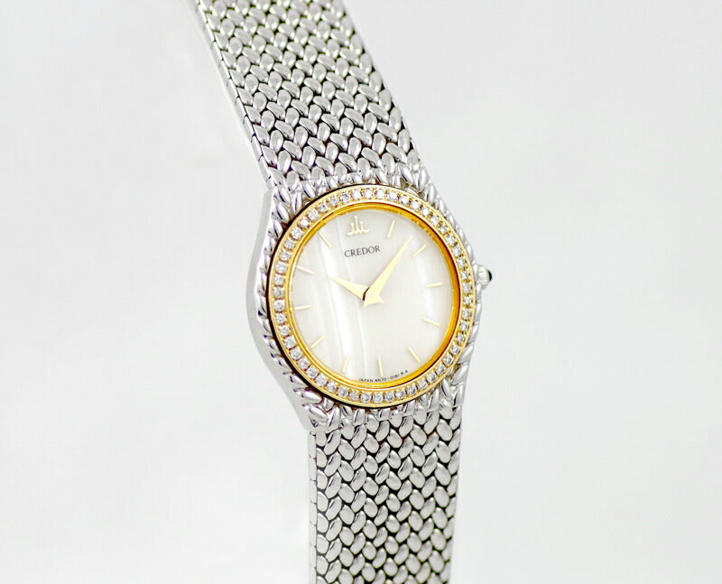 電池交換済 SEIKO セイコー クレドール 4N70-0170 サードニクス 文字盤 純正ダイヤベゼル K18YG イエローゴールド SS ステンレス ダイヤモンド レディース クォーツ【6ヶ月保証】【腕時計】【中古】