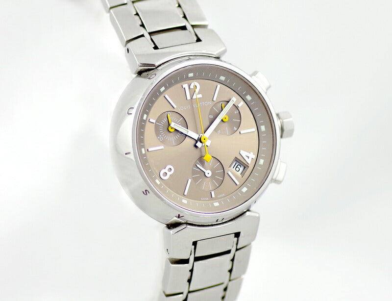電池交換済 LOUIS VUITTON ルイヴィトン タンブール クロノグラフ Q1322 デイト 100m防水 茶 ブラウン 文字盤 SS ステンレス 純正ステンレスベルト レディース ボーイズ クォーツ【6ヶ月保証】【腕時計】【中古】