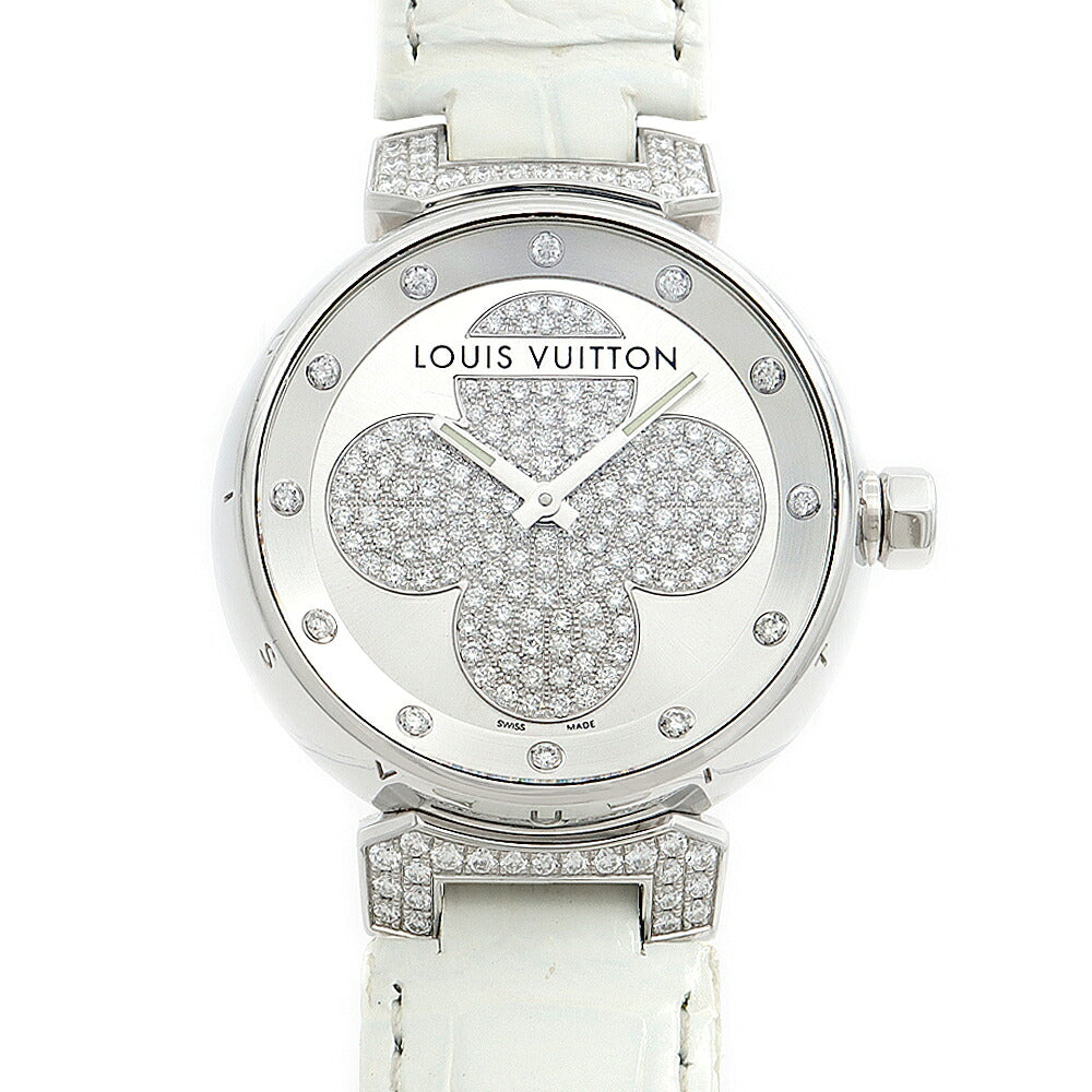 電池交換済 LOUIS VUITTON ルイヴィトン タンブール フォーエバー Q131P ダイヤモンド 12Pダイヤ ラグダイヤ シルバー SS ステンレス 純正尾錠 純正ベルト レディース クォーツ フォーエヴァー【6ヶ月保証】【腕時計】【中古】