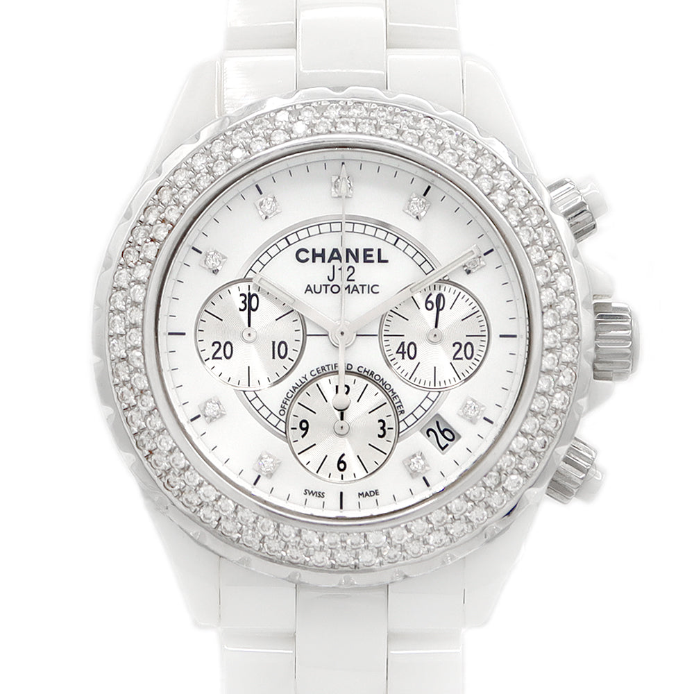 内部点検済 CHANEL シャネル J12 41mm クロノグラフ H2009 デイト 純正9Pダイヤ 2重ダイヤベゼル 白 ホワイト CE セラミック SS ステンレス アフターダイヤモンド メンズ 自動巻き【6ヶ月保証】【腕時計】【中古】